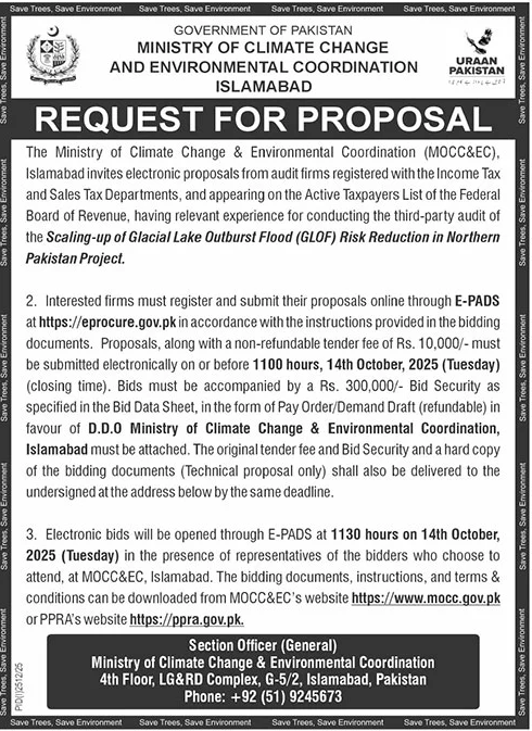 Ministry of Climate Change & Environmental Coordination Islamabad Tender Notice